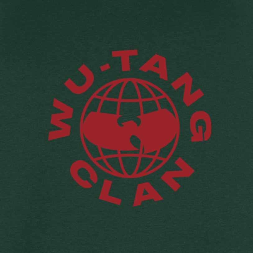 Green hoodie with red puff print 'Wu-Tang Clan' logo.