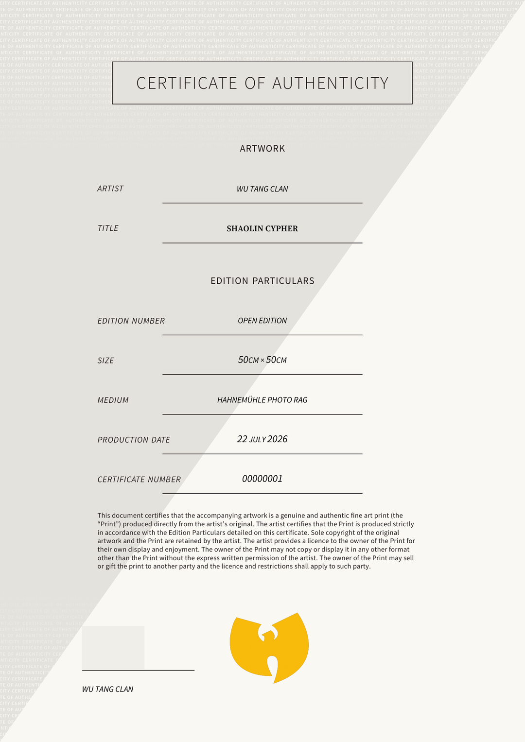 Shaolin Cypher — Certificate of Authenticity